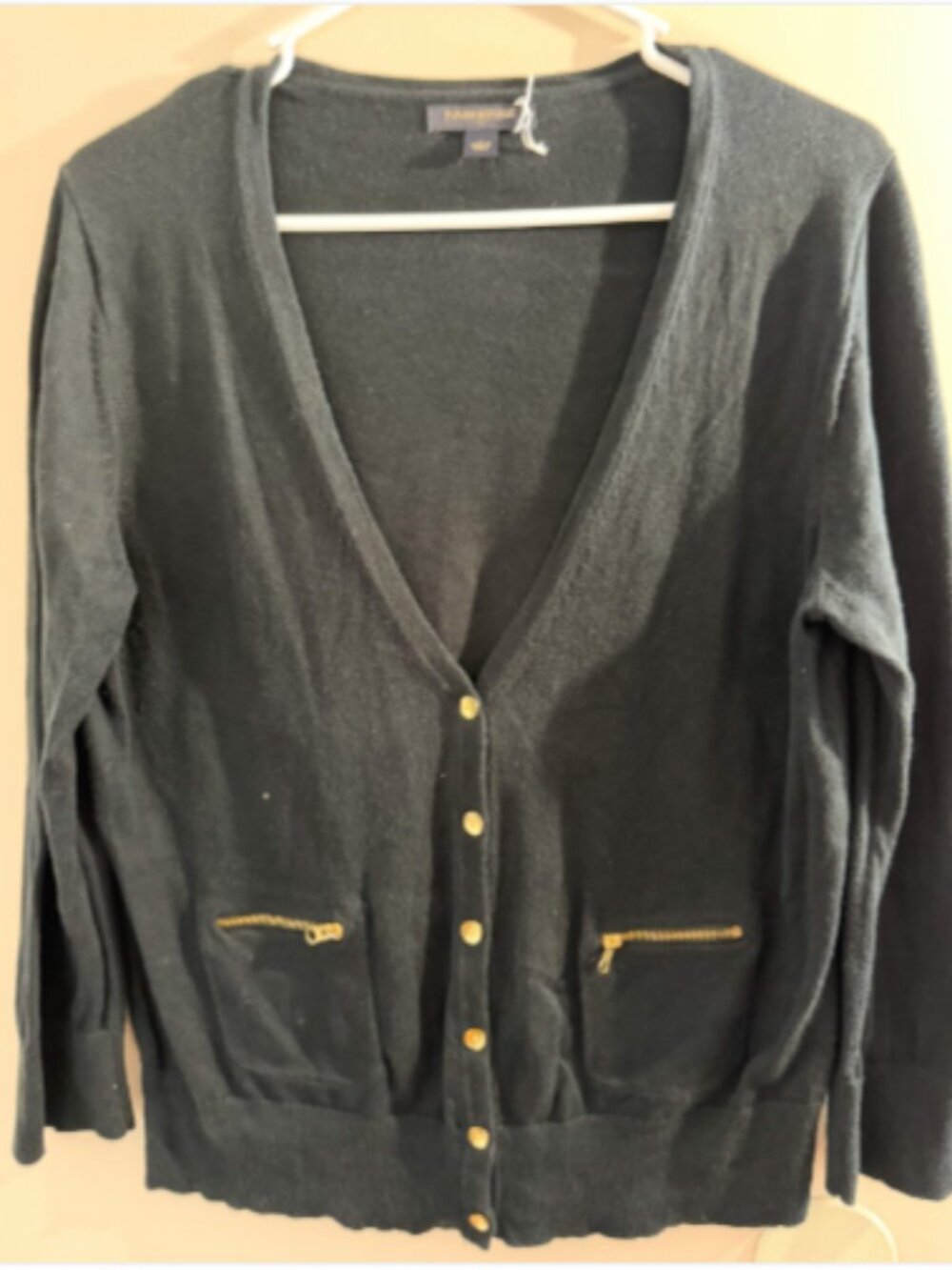 Banana Republic Black Cardigan Women Large Gold Button Zip Pocket V Neck Sweater